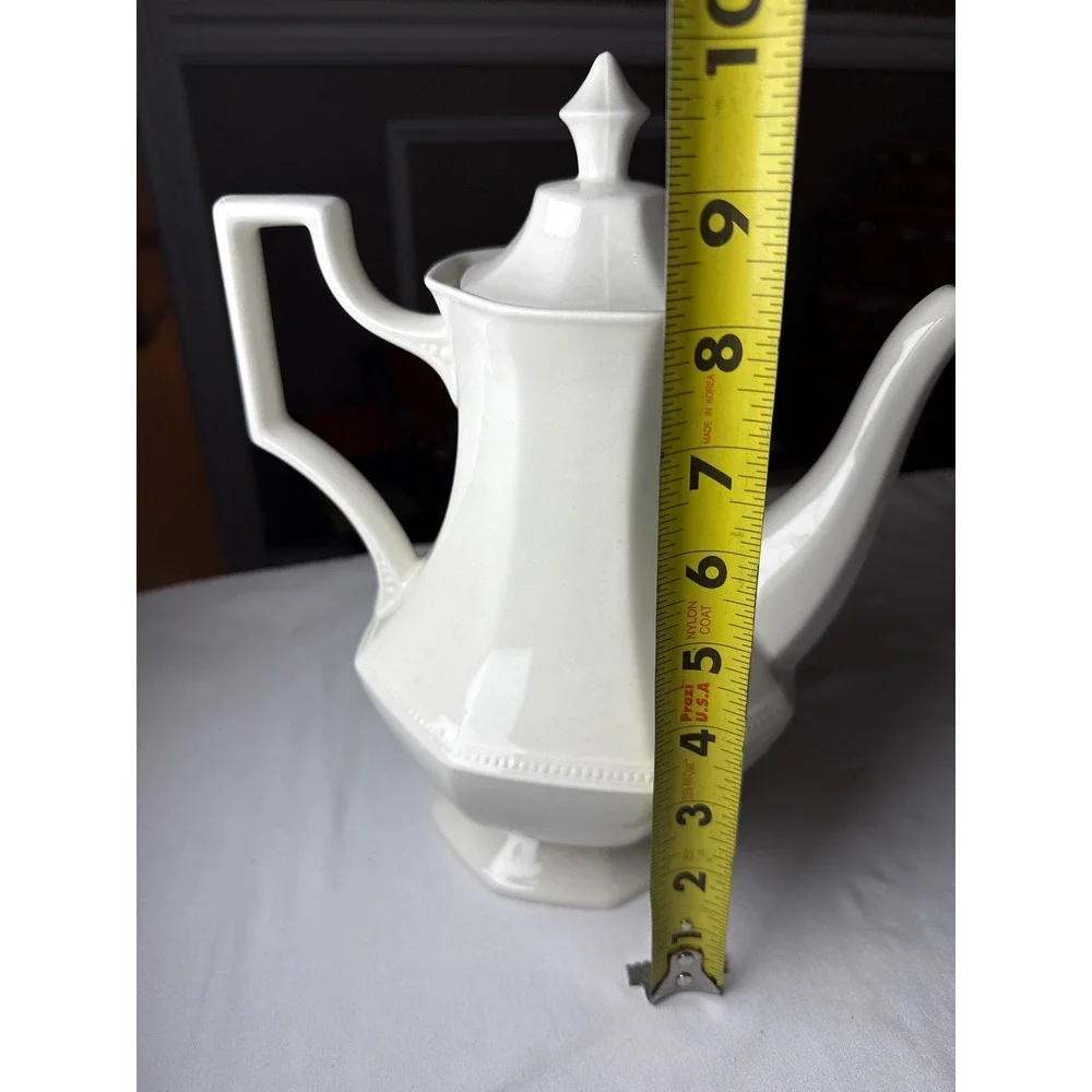 Vintage White Octagonal Ceramic Coffee Pot with Lid Beaded Trim 9.5 Inch